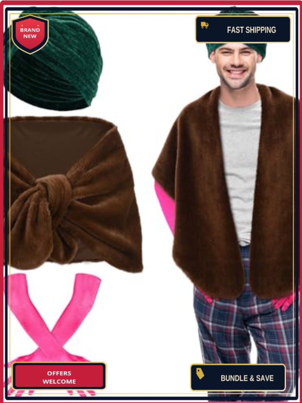 Christmas Vacation Costume Set Faux Fur Shawl Hat Long Gloves Adult Cosplay